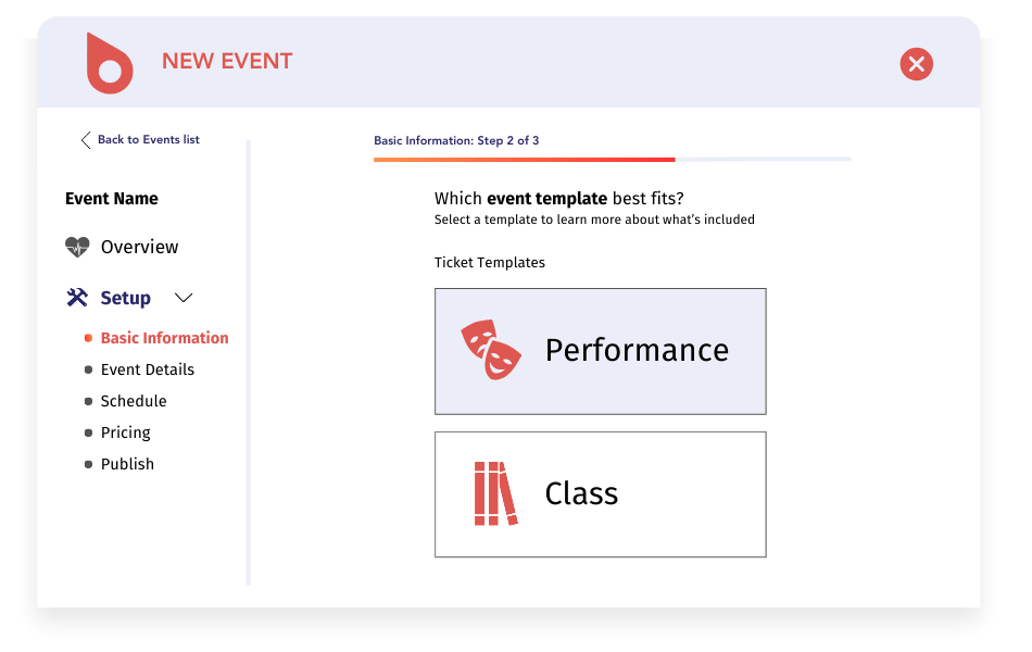 This is a screenshot of the event builder in Neon CRM, which offers users two event templates: one for performances and the other for classes. 