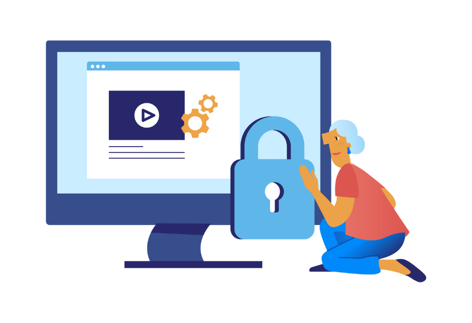 Illustration of an older woman holding a lock in front of a computer screen.