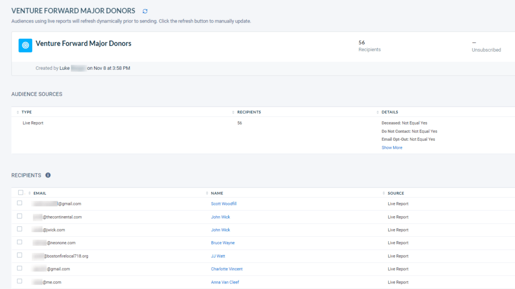 Generational giving trends are less important than sending personalized emails using audience segments like the one shown in this screenshot of the Neon CRM interface.