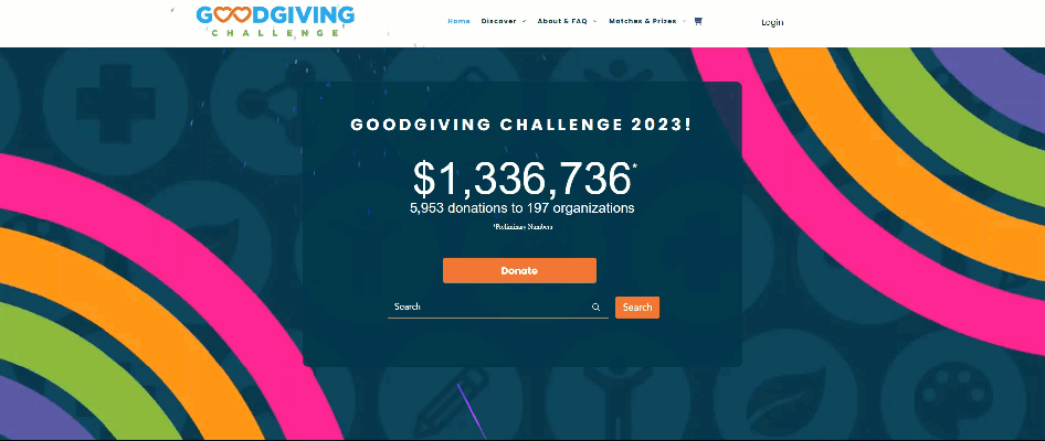 This animated gif shows the homepage for the GoodGiving Challenge, a community giving day held on GivingTuesday 2023
