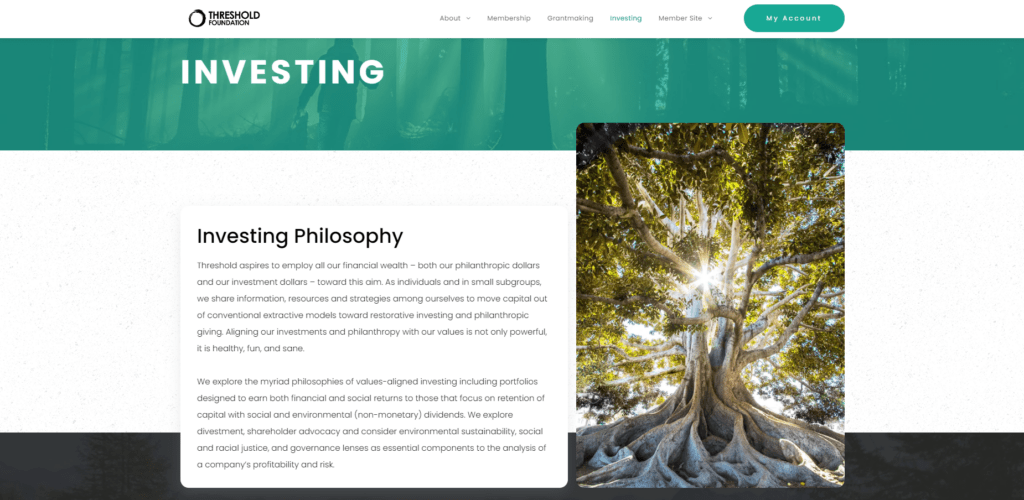 A screenshot of the "Investing" page on the Threshold Foundation's website that includes a striking photo of a large tree.