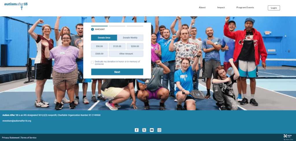 This is a screenshot of the donation page on the Autism After 18 website. The primary image is the same picture of people cheering on a pickleball court that they used on their homepage