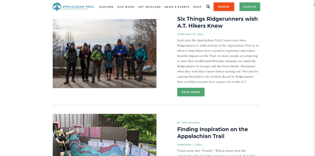 This is a screenshot of one of the blogs on the Appalachian Trail Conservancy's website. Two blogs are visible—one is titled "Six Things Ridgerunners Wish A.T. Hikers Knew," and the other is "Finding Inspiration on the Appalachian Trail"