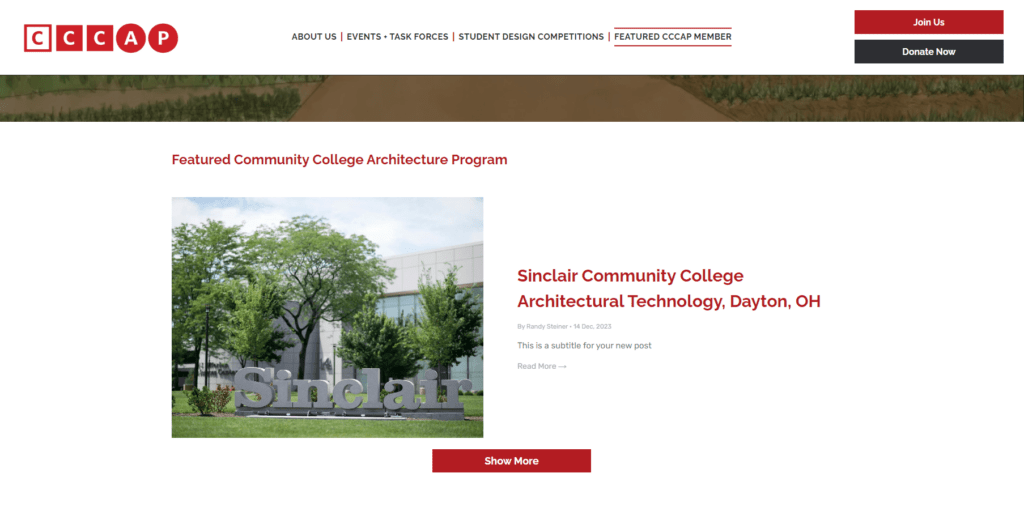 This is a screenshot of the "Featured CCCAP Member" page on the Coalition of Community College Architecture Programs website. The spotlighted member is Sinclair Community College Architectural Technology in Dayton, Ohio