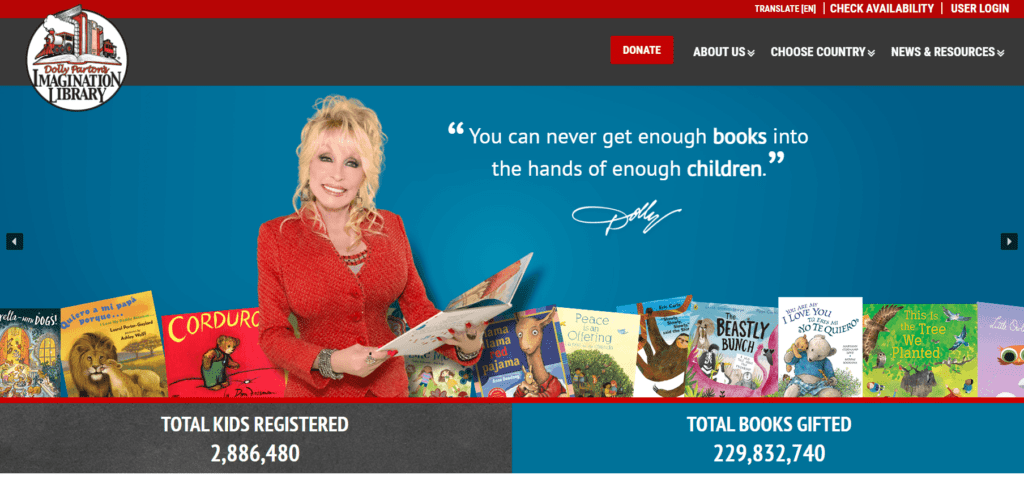 This is a screenshot of Dolly Parton's Imagination Library homepage. At the bottom of the screen are two impact statements. One says there are 2,886,480 total kids registered. The other celebrates that the organization has gifted 229,832,740 books.