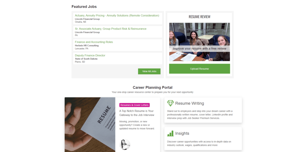 This is a screenshot of some members-only services available to members of the Financial Women's Association. They include a job board, a resume review service, and a career planning portal.