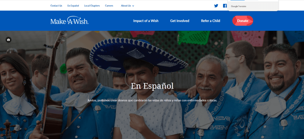 This is a screenshot of the Spanish language version of the Make-A-Wish Website homepage