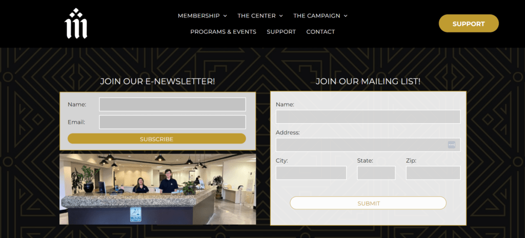 This is a screenshot of a page on the Meridian Qube website. It shows two side-by-side web forms. The form on the left is an invitation to "Join Our E-Newsletter!" and asks for someone's name and email. The form on the right is an invitation to join their mailing list and asks for the person's name and address.