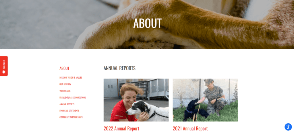 This is a screenshot of the area in the SPCA International website dedicated to their annual reports. Reports for 2022 and 2021 are both visible.