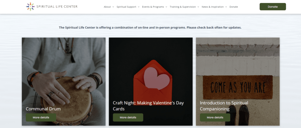 This is a screenshot of the Events & Programs page on the Spiritual Life Center's Website. It includes event listings titled "Communal Drum," "Craft Night: Making Valentine's Day Cards," and "Introduction to Spiritual Companioning." Each event listing include a green button labeled "More details"