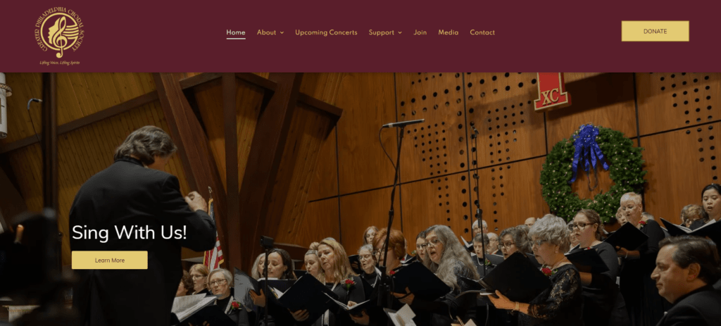 This is a screenshot of the Greater Philadelphia Choral Society's homepage.