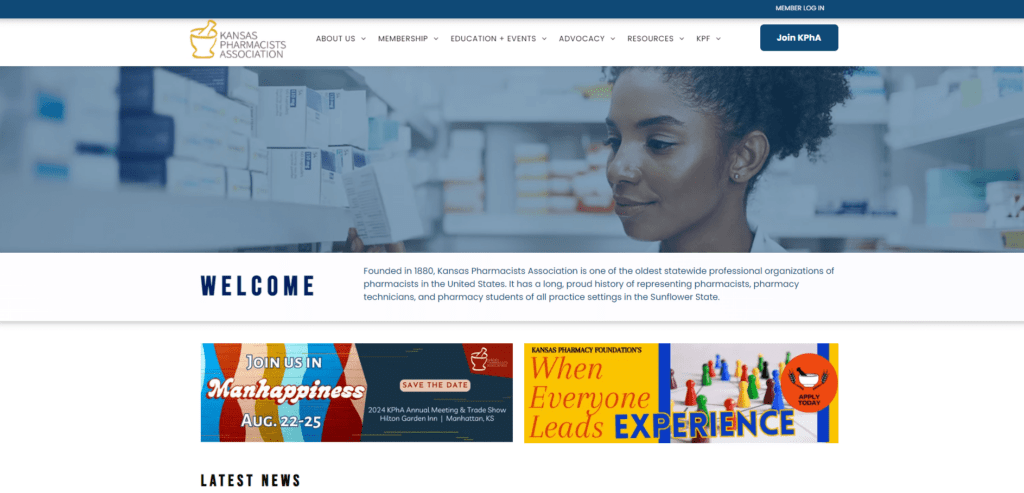 A screenshot of the Kansas Pharmacists Association homepage.