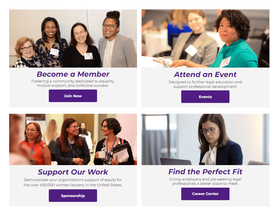 This is a section of the National Association of Women Lawyers' site that focuses on events. Users are invited to become a member, attend an event, support the nonprofit's work, or visit the career center. Each call to action is accompanied by a purple button with white text.