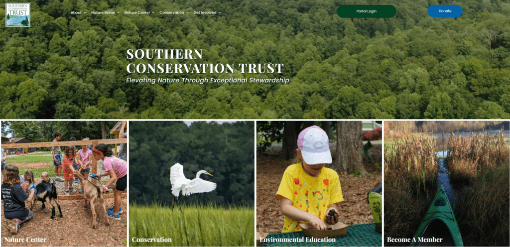 This is a screenshot of the Southern Conservation Trust’s homepage. Under their hero image—which depicts heavily forested hills—are four hyperlinked images. Each one is labeled: People can choose to learn more about the nature center, conservation, environmental education, or how to become a member.