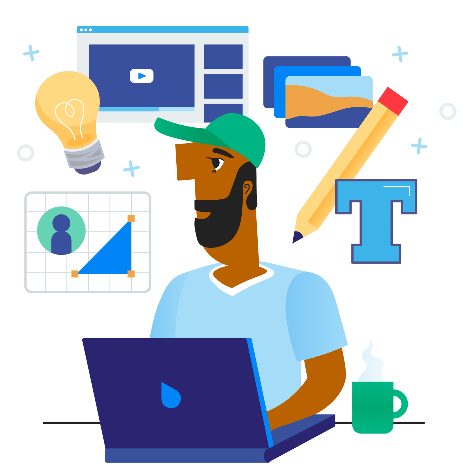 Illustration representing design tools, featuring Victor from the Neon One One Bunch using a computer and a pencil, font icon, lightbulb, and graphics surround his head