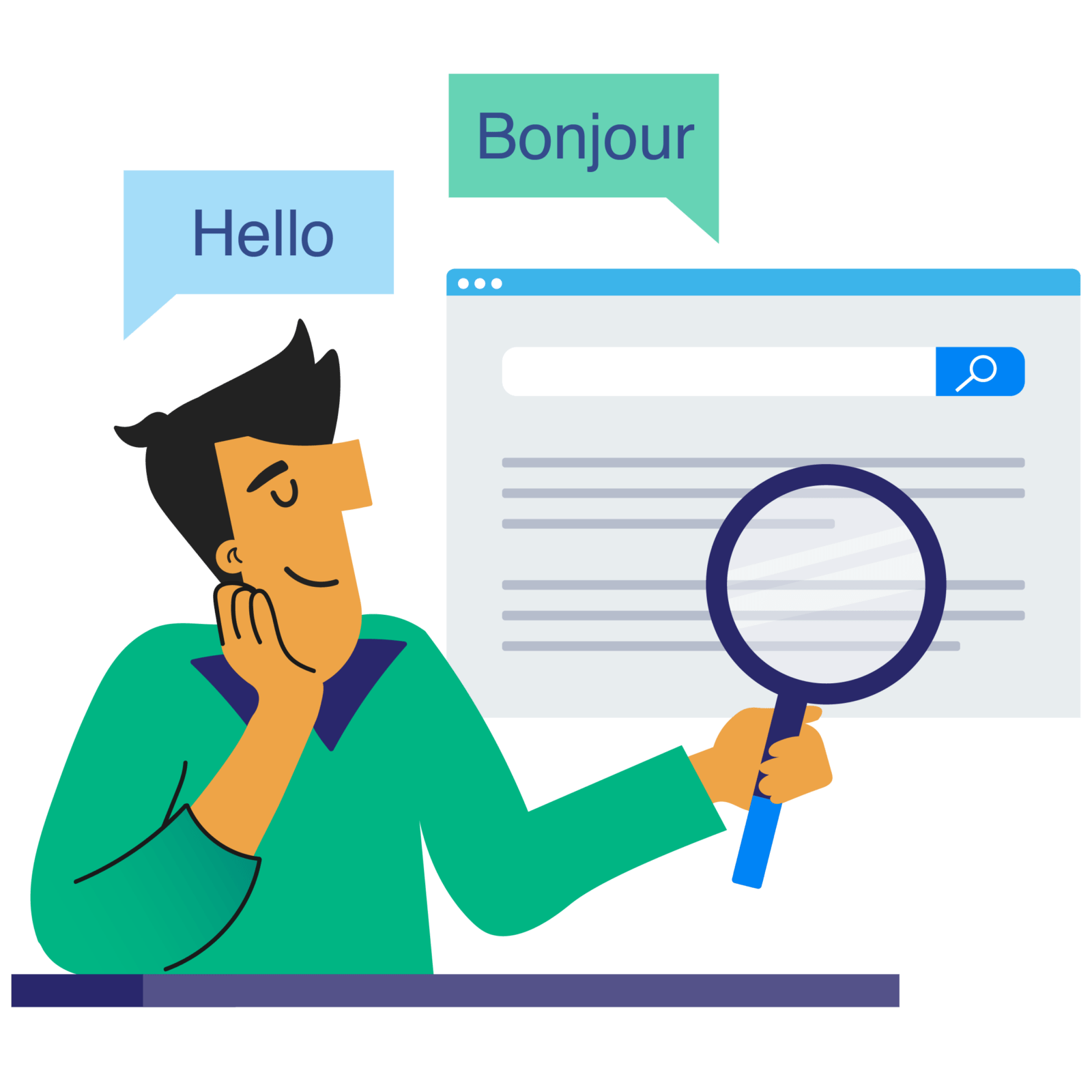 Illustration representing language tools, featuring Ace from the Neon One One Bunch holding a magnifying lens and inspecting a document, while translation chat bubbles appear around him