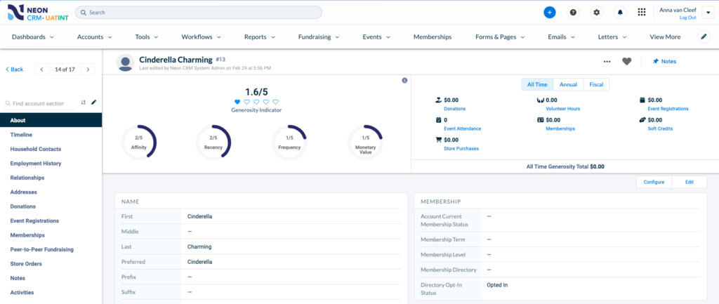 This is a screenshot of the Generosity Indicator in a Neon CRM constituent account. The constituent, Cinderella Charming, doesn’t have any history with the organization.