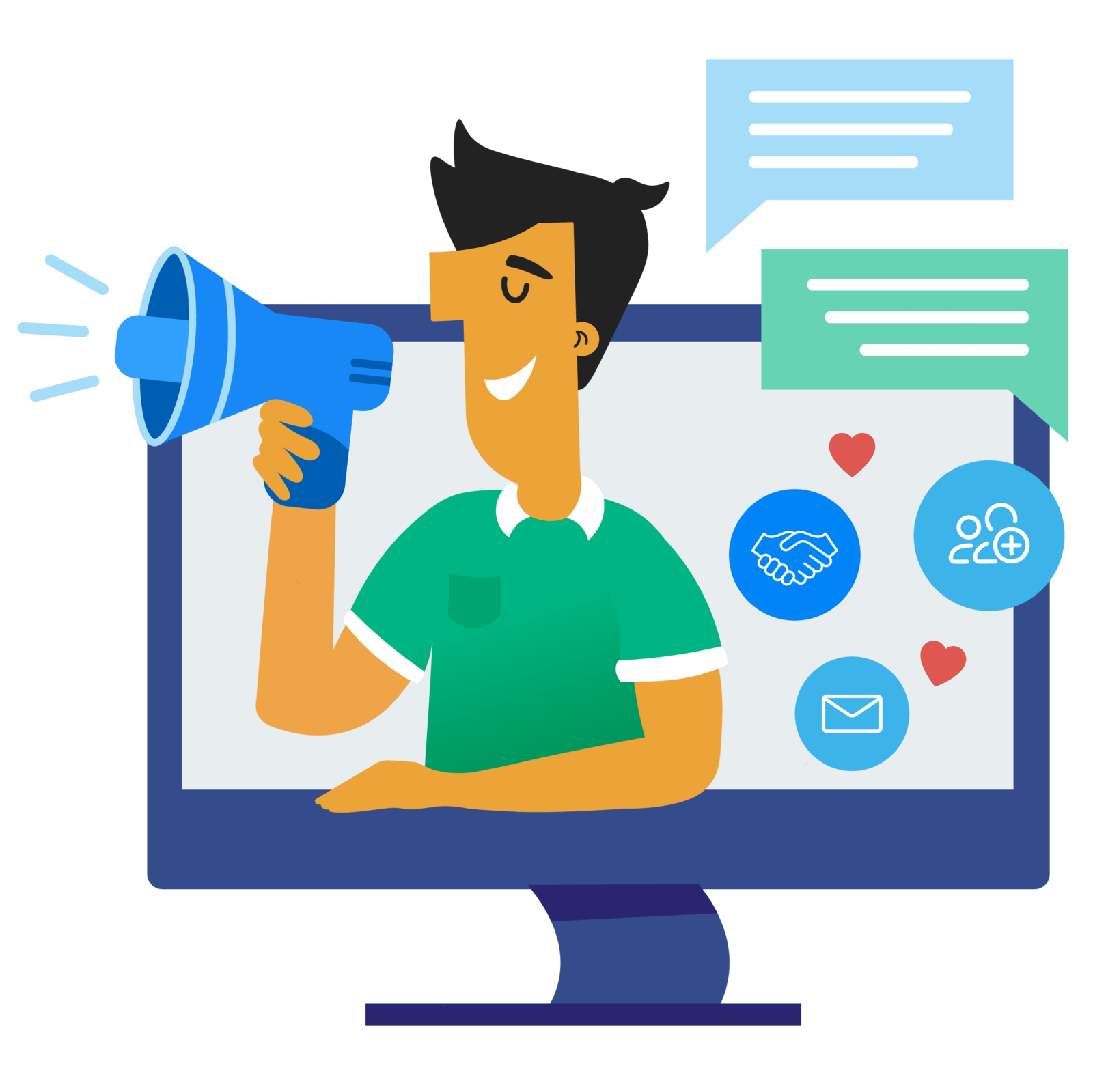 Illustration that visually represents marketing activities, including dialogue boxes, emojis, and Ace from the One Bunch talking through a bullhorn