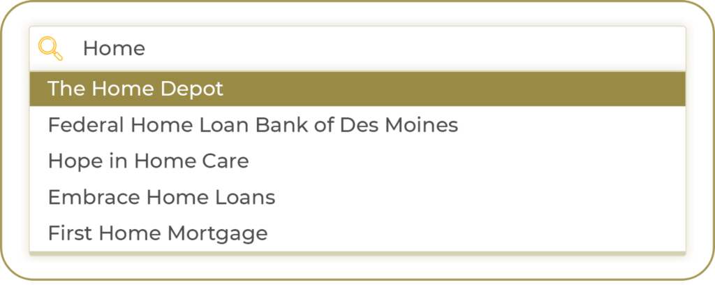 This is a screenshot of Double the Donation's matching gifts widget. It includes a drop-down menu the donor has used to search for "The Home Depot"