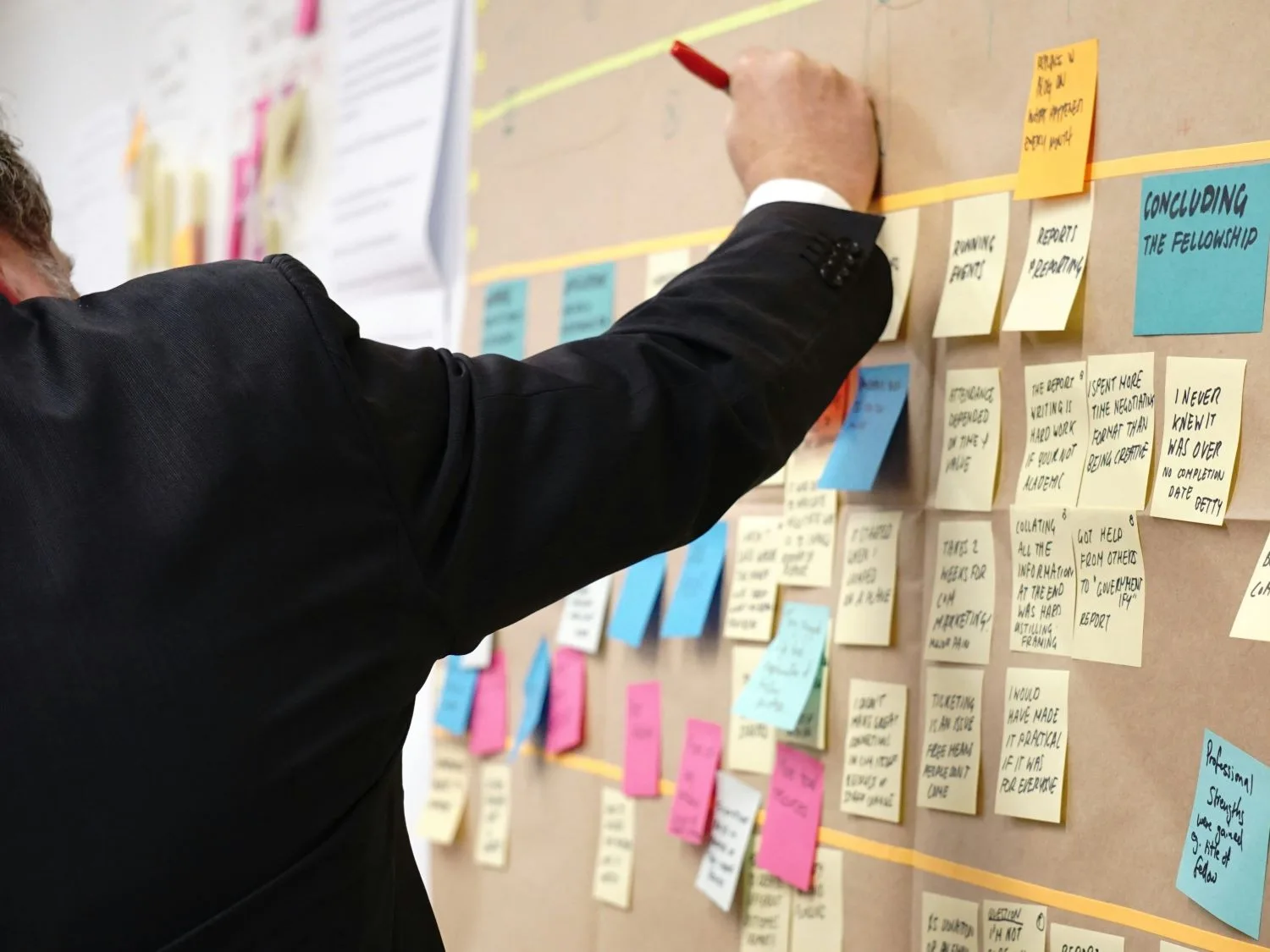 a man in a suit writing on a post-it note on a board covered in post-it notes of all different colors that outline his nonprofit's grant management plan.
