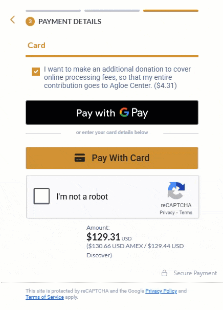 This is a .gif that shows a reCAPTCHA at the end of a donation form. It's a simple reCAPTCHA that requires a user to check a box to prove they're not a robot. This is a useful way to protect yourself against a credit card testing attack!
