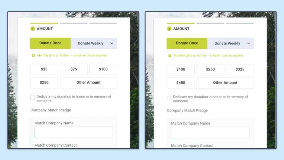 Two almost identical donation forms demonstrating how intelligent donation amounts work. One form has a generic array of gifts starting at $35, while the second one has a smart gift array personalized to this donor's giving history that starts at $100.